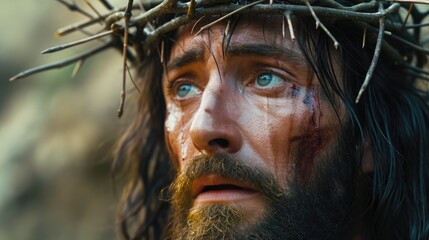 Fototapeta generative ai, jesus christ in crown of thorns, photo close up