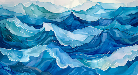 abstract ocean water wave art. blue, aqua, teal, turquoise happy cartoon waves for ocean beach vacat