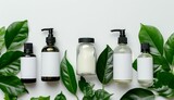 Cosmetic set of blank label bottles for packaging mockups of cream, serum, conditioner, perfume on white background with green leaves, Organic natural cosmetic products