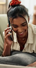 Poster - Woman, phone call or laughing on home sofa at funny joke, story or communication in living room. Talking, gen z or Indian student on mobile technology and laptop on online, website or internet gossip