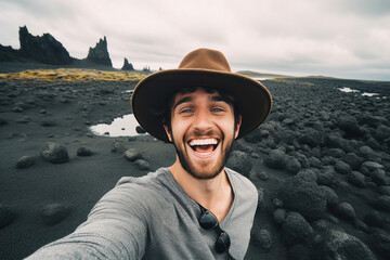 Wall Mural - A happy and excited young man taking a selfie on a black sand beach during vacation.