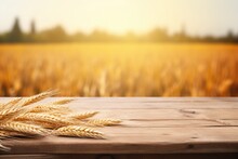 Empty Wooden Table In Front Of Golden Ears Of Wheat Background