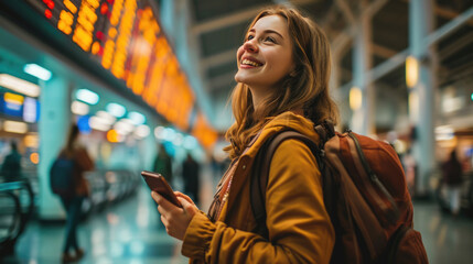 Poster - Smiling young woman in an airport terminal looking at her phone, with a backpack on her shoulder and a flight information display board in the blurry background.