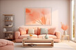 Modern living room interior of the room in peach fuzz colors. The design of a spacious bright house in a velvety delicate shade of peach tone.