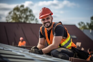 Portrait of a construction worker on home roof laying tiles