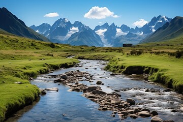 Sticker - mountain river flowing through a green valley