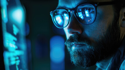 Wall Mural - Close-up portrait of a person wearing glasses, with reflections of a computer screen displaying code on the glasses