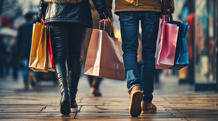 Sticker - Close-up of the lower half of two shoppers walking with multiple colorful shopping bags in their hands