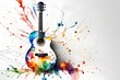 A watercolor guitar adorned with vibrant color splashes takes center stage against a pristine white background, creating an artistic and dynamic image captured by an HD camera