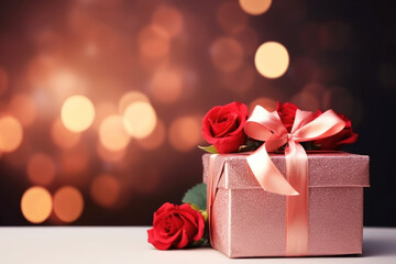 Gift box with ribbon and red roses close up