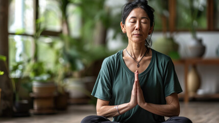 Canvas Print - Older woman with gray hair, sitting in a cross-legged yoga pose with her eyes closed and hands in a meditative gesture