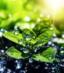 Macro magic with water drops on a green leaf. A stunning stock photo capturing the intricate details and natural beauty of a bush in the morning dew