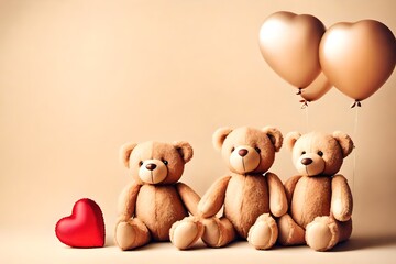 Wall Mural -  A heartwarming duo of teddy bears stands united, complemented by a heart-shaped balloon, against a soothing light beige background,