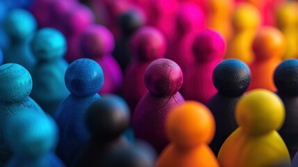 Canvas Print - A group of colored wooden people standing in a row, AI