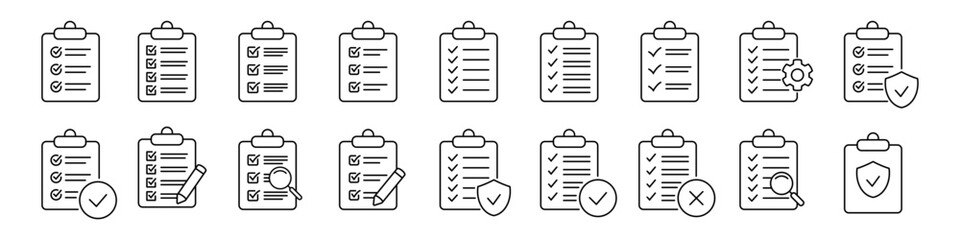 Wall Mural - Set of clipboard with checklist icons. Clipboard line icon. Checklist with gear, magnifier and pencil. symbol for web site and app design. Vector illstration.