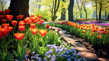 City Park Pedestrian Area Beside Blooming Tulips In Spring. A Vibrant Stock Photo Capturing The Charm And Beauty Of Urban Green Spaces In Full Bloom.