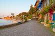 Outdoor cafes and restaurants on the Black sea coast in old town of Nessebar. Sea resort in Bulgaria
