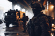 © bluebeat76 - Two soldier of police special forces stand in a hangar for protect the area.