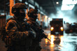 Two soldier of police special forces stand in a hangar for protect the area.