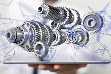 Fototapete - gear Futuristic in Industry 4.0 and business virtual diagram - neural network exposure digital