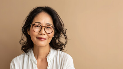 Wall Mural - Photo of asian woman 50 years on pastel beige background