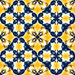 Simple Moroccan tile seamless pattern in light yellow and dark blue colors. Perfect for posters, brochure, coupon , flyer ,ad design, wallpaper or background.