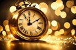  Radiant elegance emanates from a vintage gold clock amid golden bokeh lights