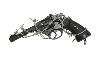Wall Mural - revolver wrapped in barbed wire on transparent background