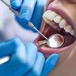 Frau beim Zahnarzt mit geöffnten Mund bei der Untersuchung mit Händen und Instrumenten im Mund als Nahaufnahme, ai generativ