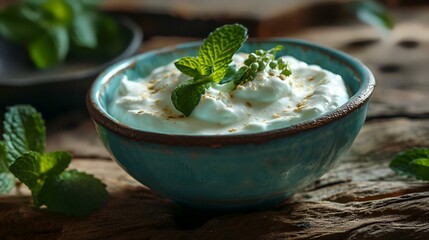 Wall Mural - Greek yogurt with mint leaves in a bowl on a wooden background.