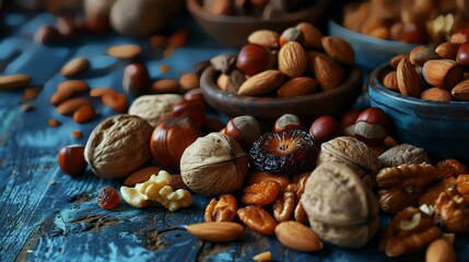 Wall Mural - Mix of nuts on a wooden background. Nuts mix with walnuts, almonds, pistachios, hazelnuts, walnuts, and walnuts.