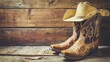 Wild West retro cowboy hat and pair of old leather boots on wooden floor. Vintage style filtered photo