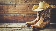 Wild West Retro Cowboy Hat And Pair Of Old Leather Boots On Wooden Floor. Vintage Style Filtered Photo