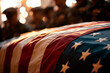 A military honor guard carrying a flag-draped casket during a memorial service, with a blurred background and ample copy space.