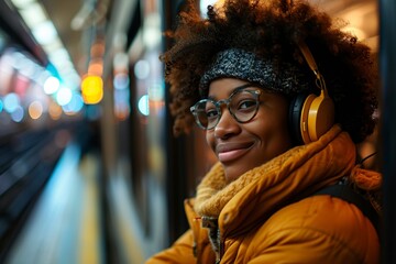 Wall Mural - african american woman listening to music with headphones