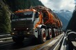 Rugged truck crosses narrow bridge with heavy load, palpable tension., generative IA