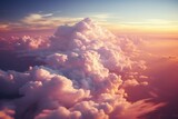 Fototapeta Niebo - Fluffy dreamy clouds at sunset, pink light, generative ai