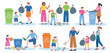 Adults and children collect garbage. Recycling and sorting, cartoon people put waste in containers, environment and ecology care, vector set.eps