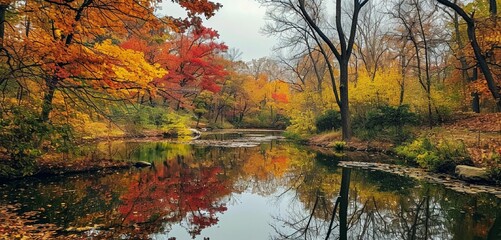Wall Mural - A peaceful autumn scene with a small, still pond surrounded by trees in full autumnal bloom, reflections of the colorful foliage in the water