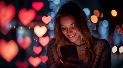 young woman using phone at night for online dating or texting message to lover with heart shape boke