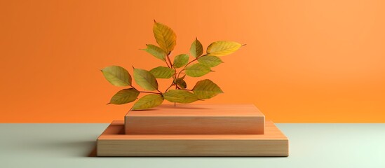 Wall Mural - Wooden cut podium with concrete wall background decorated with dry leaves. suitable for business product presentations