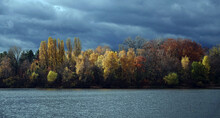 Dnieper River With Autumn Trees On The Bank
