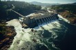 Torrent in dam releasing water for hydroelectric turbines, generating energy., generative IA
