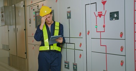 Wall Mural - electricians electrical engineer in protective uniform wearing hard hat checking voltage control panel system at electrical cabinet for generate electricity of factory in manufacture industrial