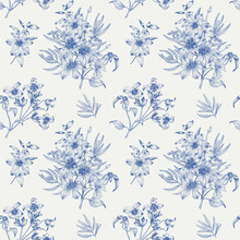 Seamless Vector Vintage Pattern With Bouquet Flowers Of Clematis Blue On White. Hand Drawn Elements Monochrome. Elegant Floral Background For Design