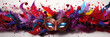 colored masquerade mask with feathers and confetti on white background