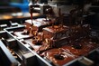 Industrial machines shaping and packing delicious chocolate., generative IA