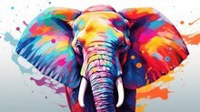 Elephant With Colorful Body Art On White Background.