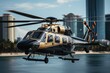 Urban Heliport: Modern helicopter lands between skyscrapers., generative IA