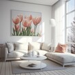 Spring tulips in cozy white room, modern design of flat room. AI generation